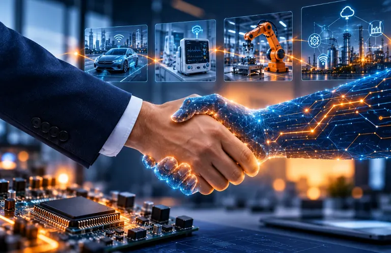 Engineers shaking hands over embedded hardware, with automotive, medical and industrial systems shown behind