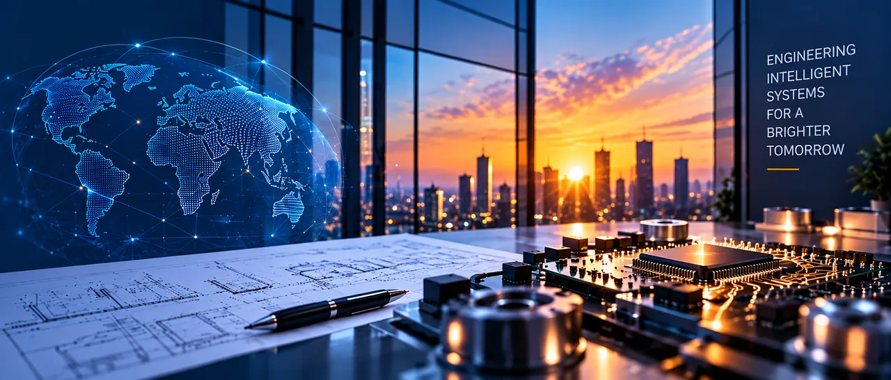 A boardroom overlooking a city at sunset, with circuit boards and a globe of network connections on the table