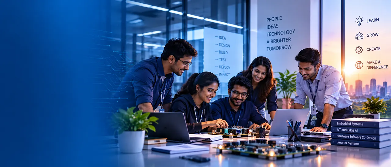 Cirrus Rays engineers working together over laptops and development boards in a bright open office