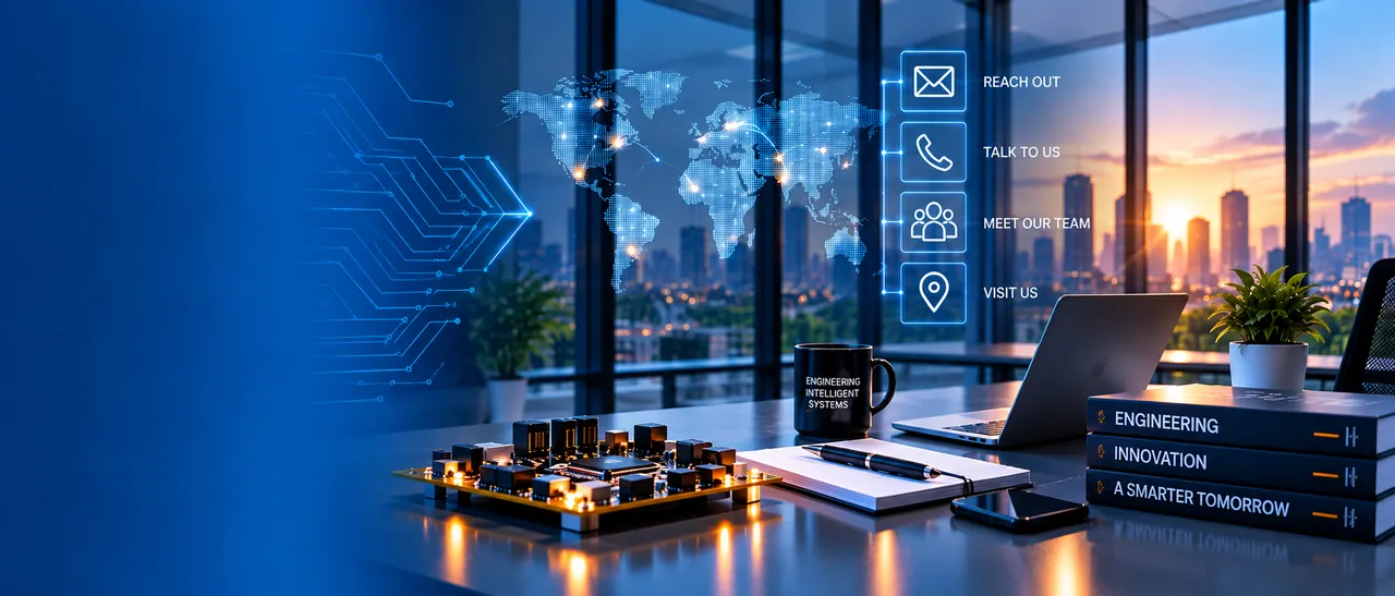 A workspace at dusk with development boards, a laptop and a world map, beside panels reading Reach out, Talk to us, Meet our team and Visit us