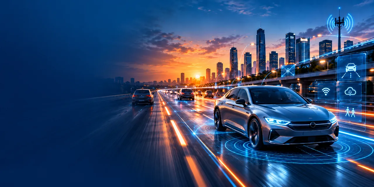 A connected car on a city highway at sunset, ringed by wireless and sensor indicators