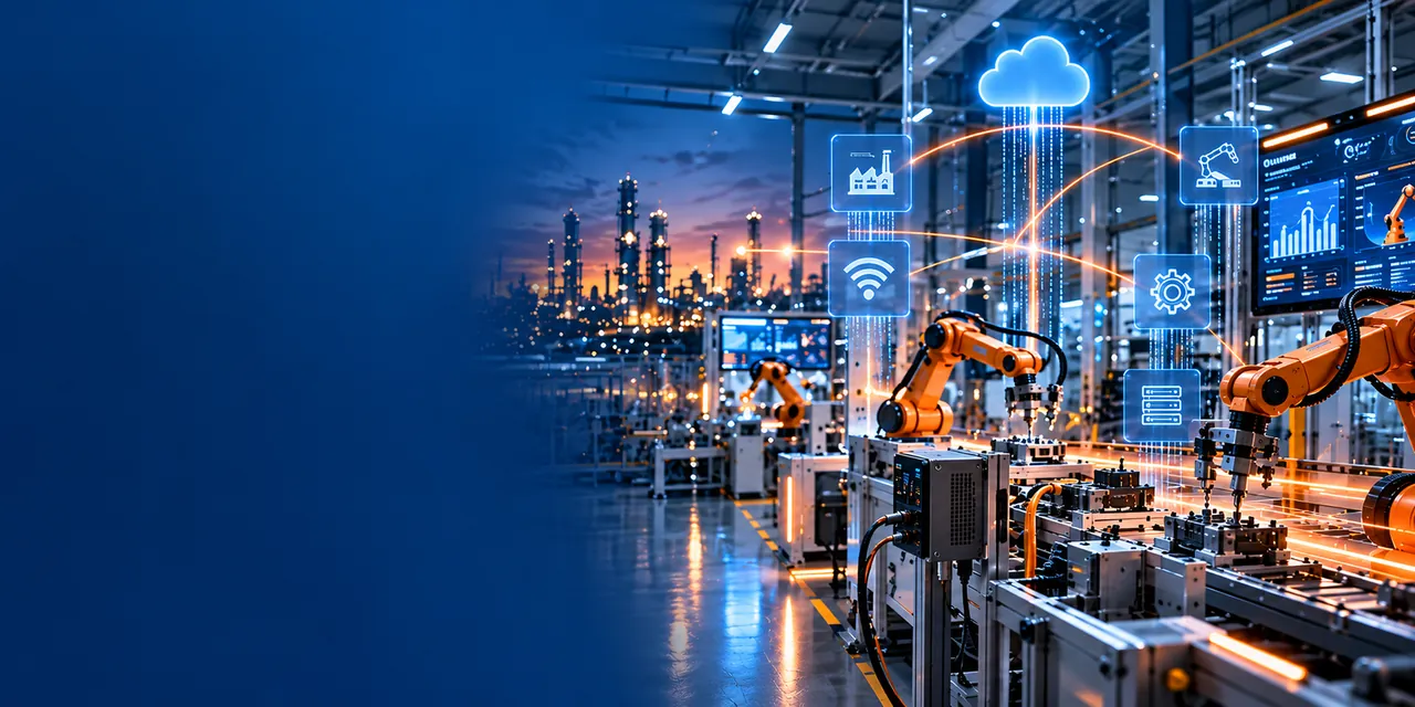 Robotic arms on a smart factory line, linked to cloud and analytics dashboards