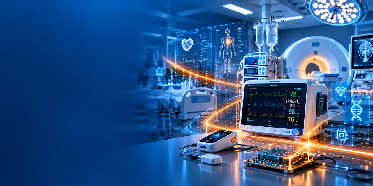 A hospital room of connected monitoring equipment, an infusion pump and an imaging scanner