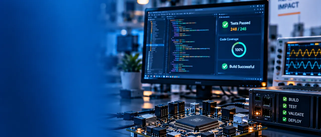 An embedded systems workbench: a development board wired to monitors showing a passing test suite and a successful build